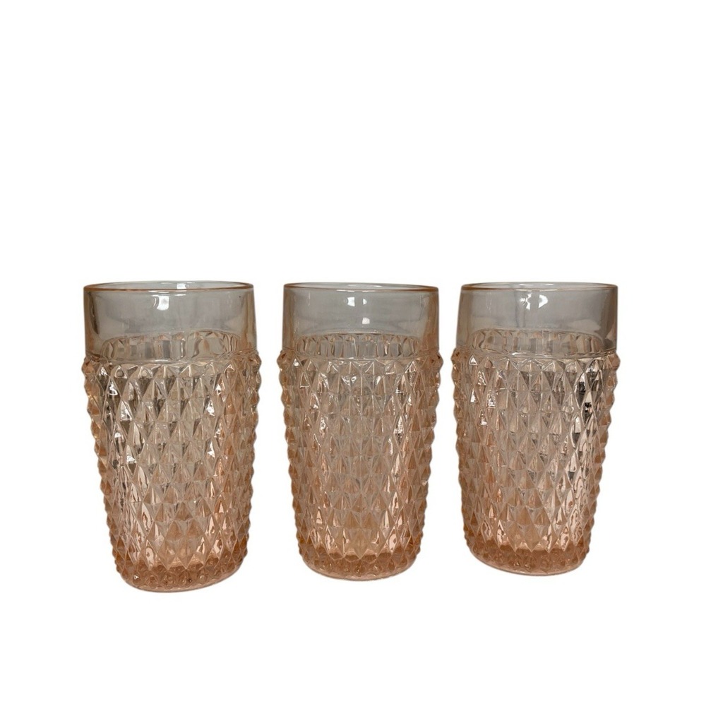 Vintage Indiana Glass Pink Diamond Point Tumblers Drinking Glasses SET OF 3